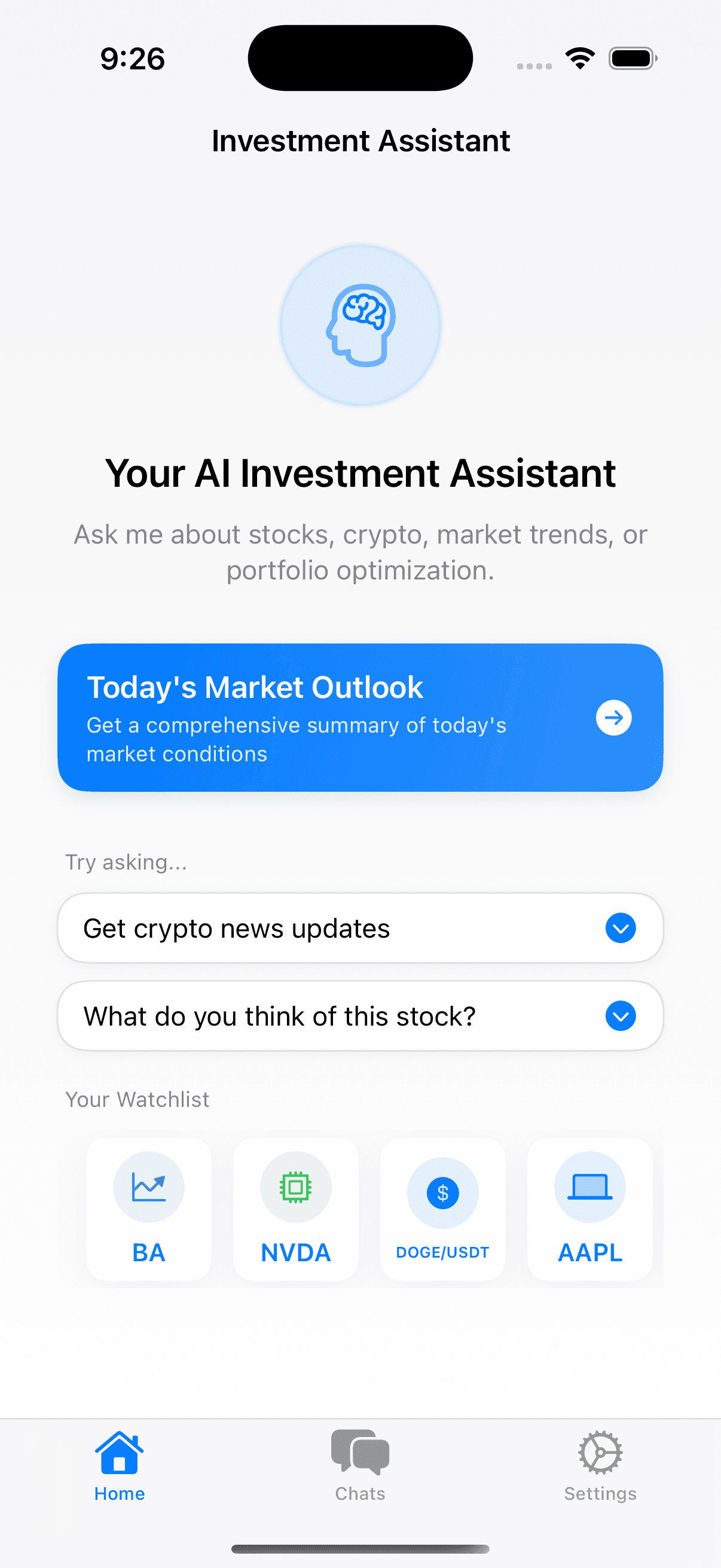 AI Investing App - Home Screen