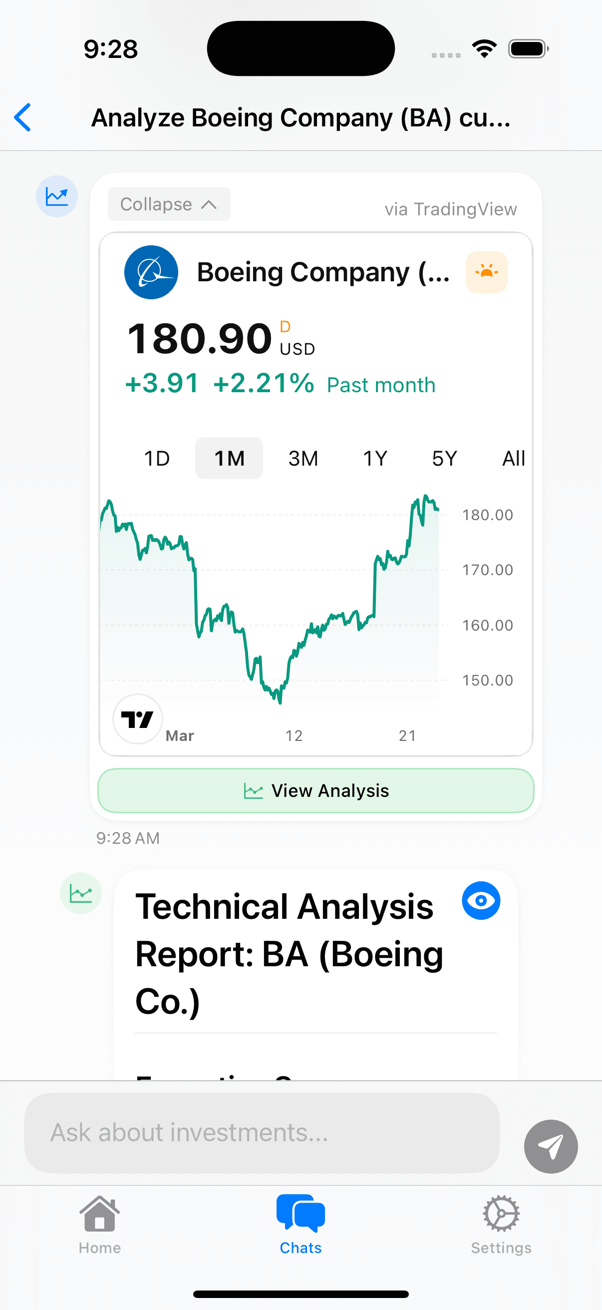 Chat with full market analysis showing BA stock chart