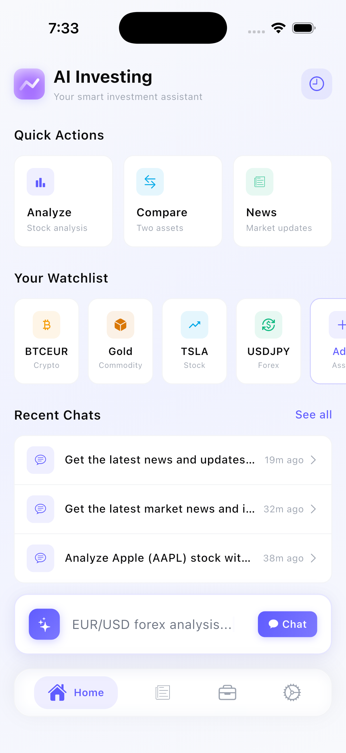 AI Investing app home screen — investment assistant with watchlist, quick actions and recent chats