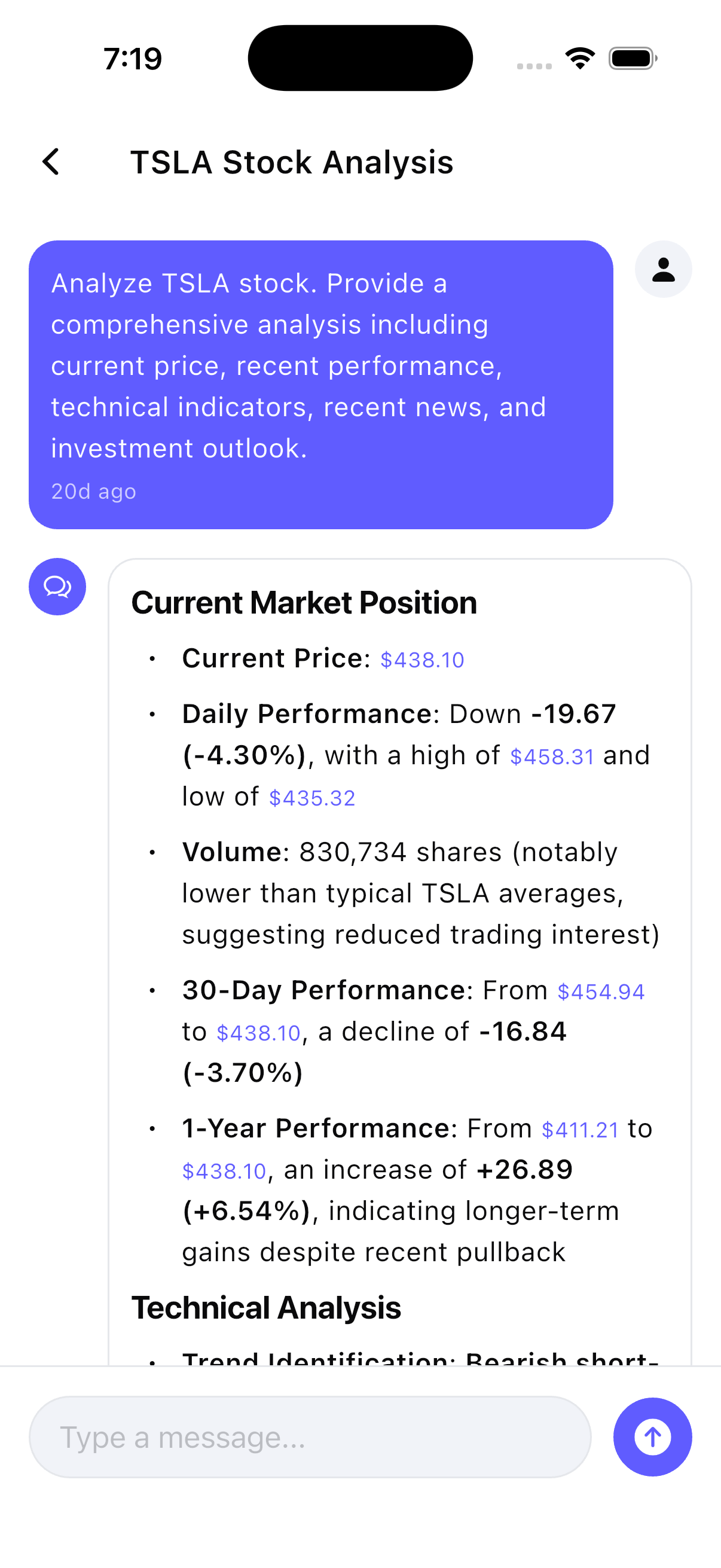 AI Investing chat showing a full TSLA stock analysis with current market position, daily and 30-day performance